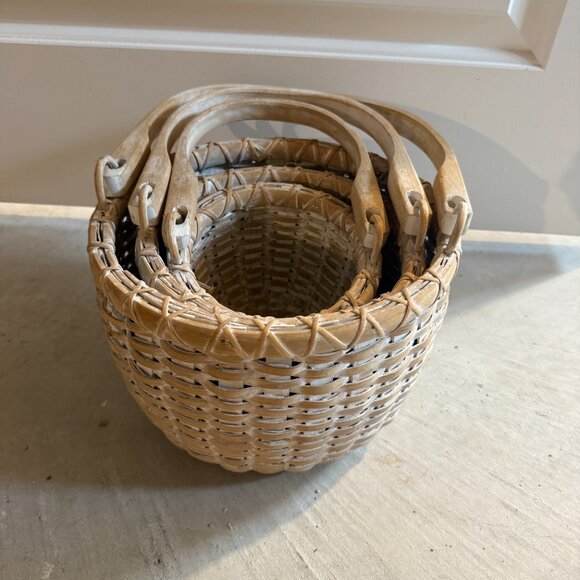 Vintage Wooden Woven Nesting Basket Set of 3 Natural Farmhouse Decor Storage - Picture 2 of 8